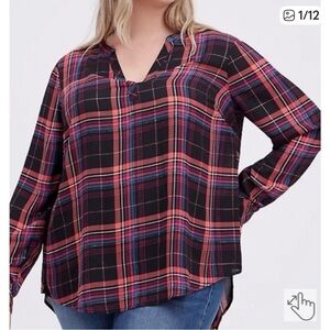 Torrid Black and Pink Plaid V-Neck Blouse